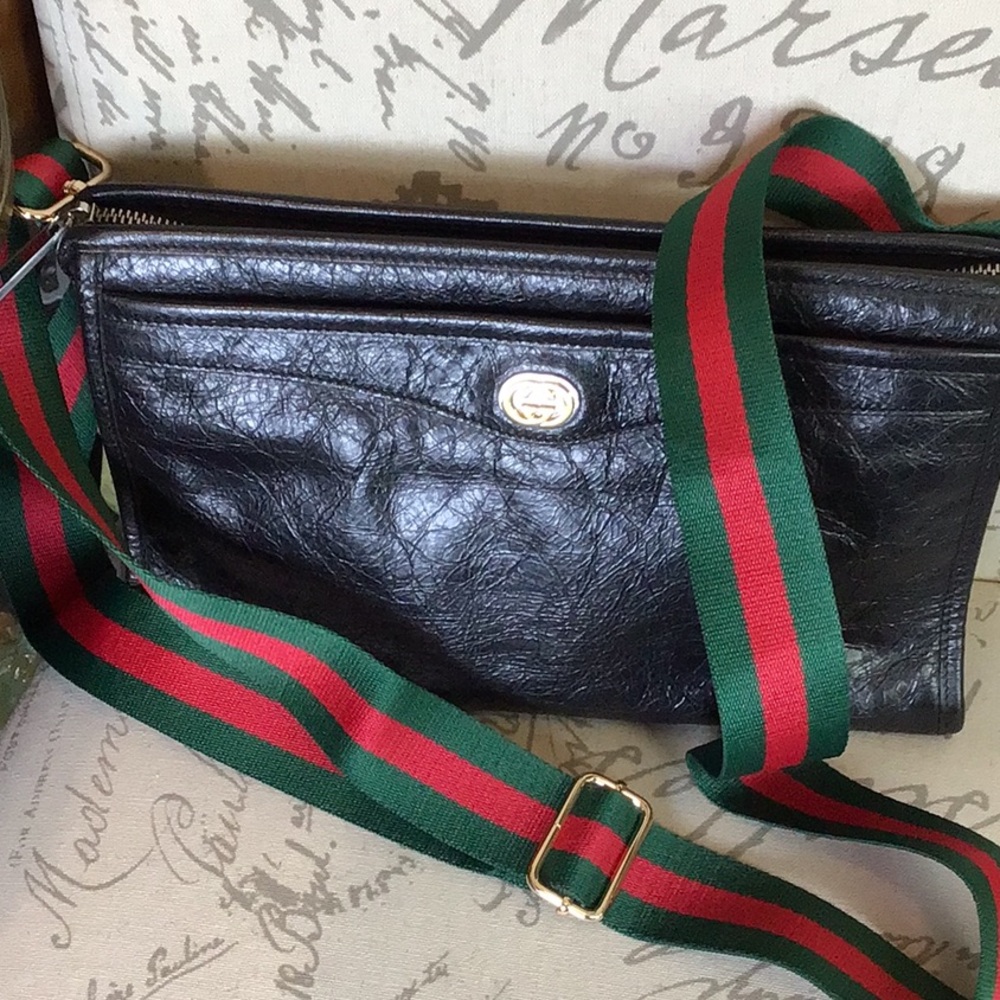 Gucci Black Leather Crossbody with Green and unbranded Red Web Strap